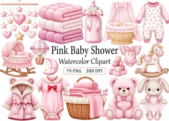 Pink Baby Shower Clipart Watercolor PNG - Download Now