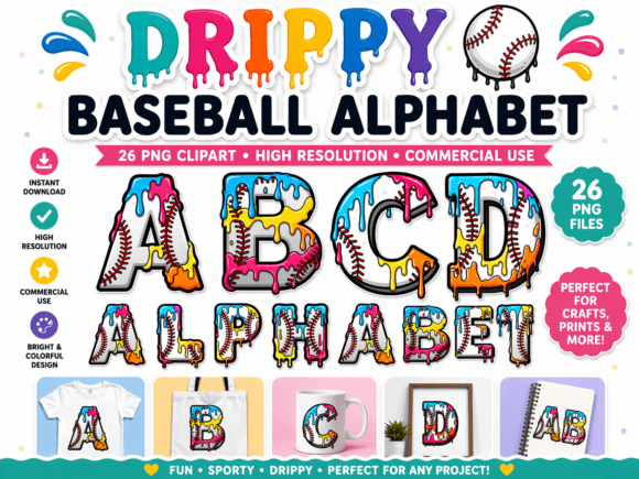 Download Colorful Drippy Baseball Alphabet a-Z - Colorful Collection