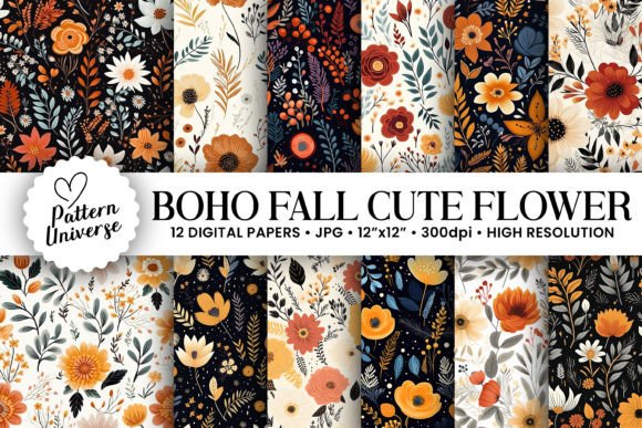 Download Boho Fall Cute Flowers Seamless Patterns - Patterns Collection