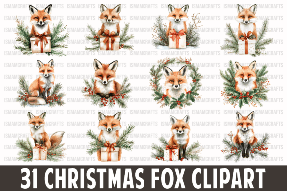 Christmas Fox Watercolor Clipart Bundle - Download Now