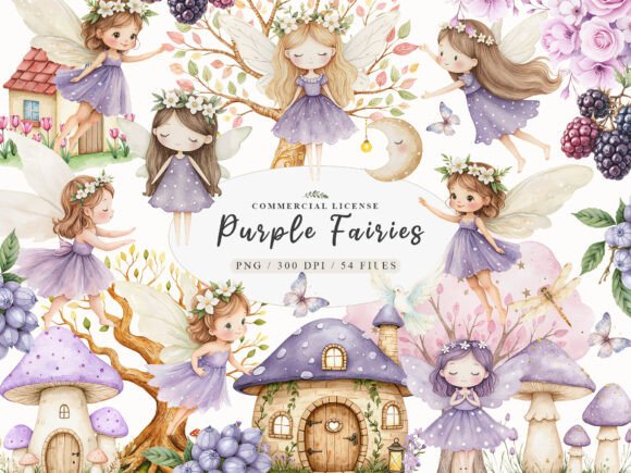 Download Watercolor Magical Garden Purple Fairies - Magical Collection