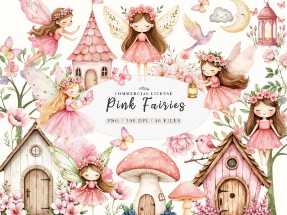 Download Watercolor Magical Garden Pink Fairies - Magical Collection